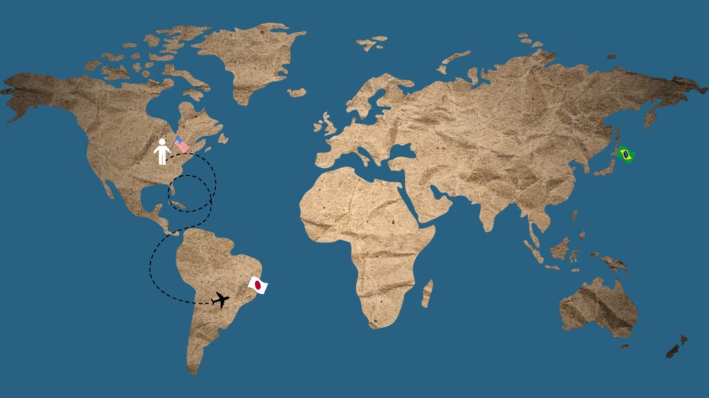 World map showing Japanese and Portuguese language connections, with Japanese flag over Brazil, Brazilian flag over Japan, and a figure in the United States.